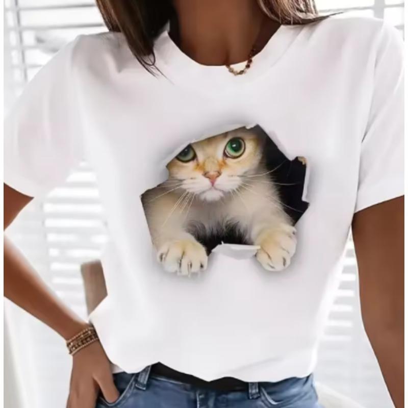 3D Cat Print Ladies Urban Street Fashion T-shirt Animal Lover T-shirt Summer Everyday Casual Ladies Short Sleeve Top