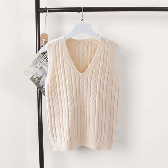 Women Knitting Vest V-Neck Sleeveless Twist Texture Pullover Sweater Solid Color Casual Sweater Vest Daily Wear