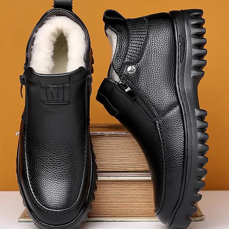 Fashion Mens Winter Plus Velvet Warm Cotton Boots Leather Boots Men's Warm Business Leather Shoes