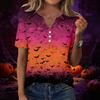Women V Neck Short Sleeve Button Decor Top with Halloween Print Casual Loose Fit T Shirt for Daily Wear