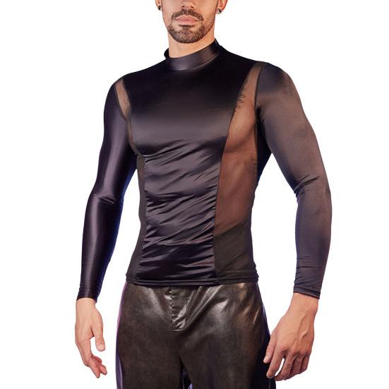 Men Sexy Mesh T-Shirt Oil Glossy Shiny Top Patchwork Tight-Fit Top Breathable Long Sleeve Shirt Elastic Skinny Jacket for Daily Party Club
