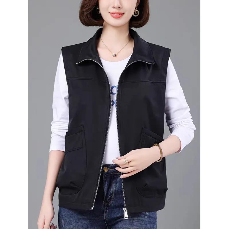 Casual Khaki Short Women's Vest Oversize Liner Sleeveless Jackets 2024 Spring Autumn Zipper Basic Waistcoat Female Outerwear