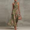 European and American Women's Clothing Hip-wrapped Mesh Printing Irregular Split Pleats Sexy Suspender Dress Long Dress