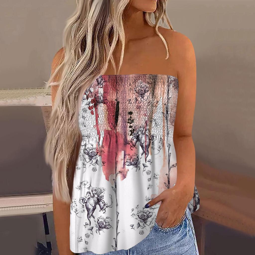 2024 Tube Tops For Women,Cute Sexy Off Shoulder Floral Print Sleeveless T-Shirt