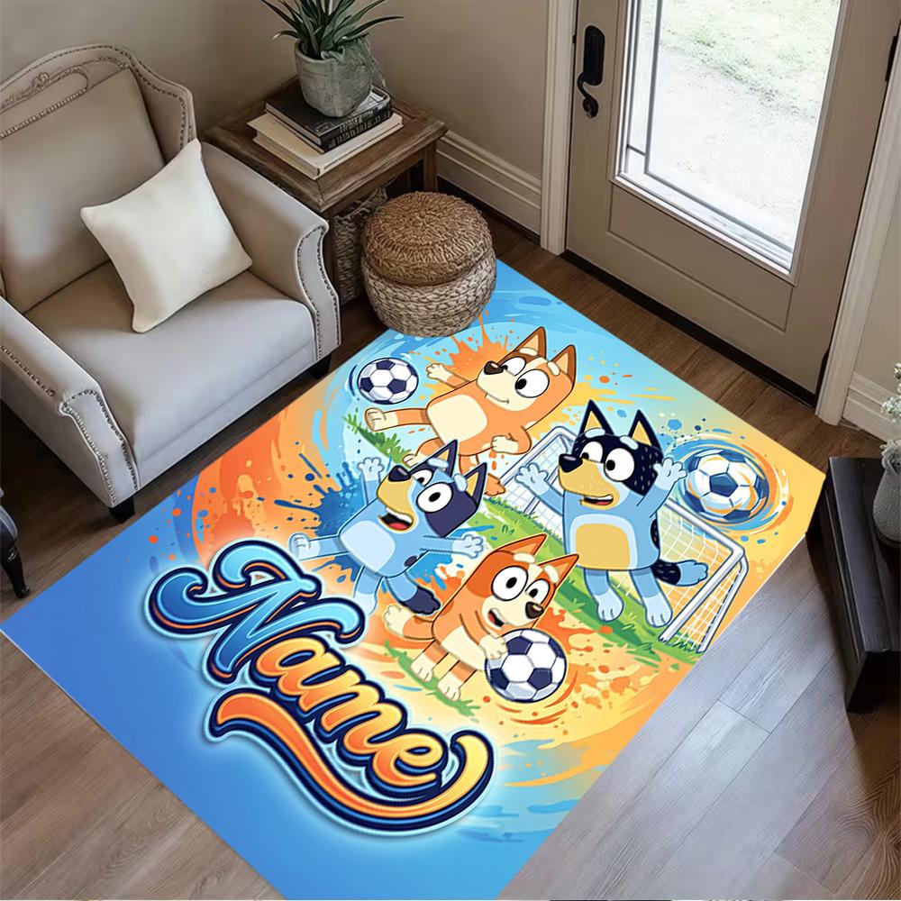 Soccer Fun Bluey Customize Your Name Floor Mat Design for Dining Room Decorate Room Kitchen Study Room Anti-slip Rug Anime Office Decor Spiritual Gift