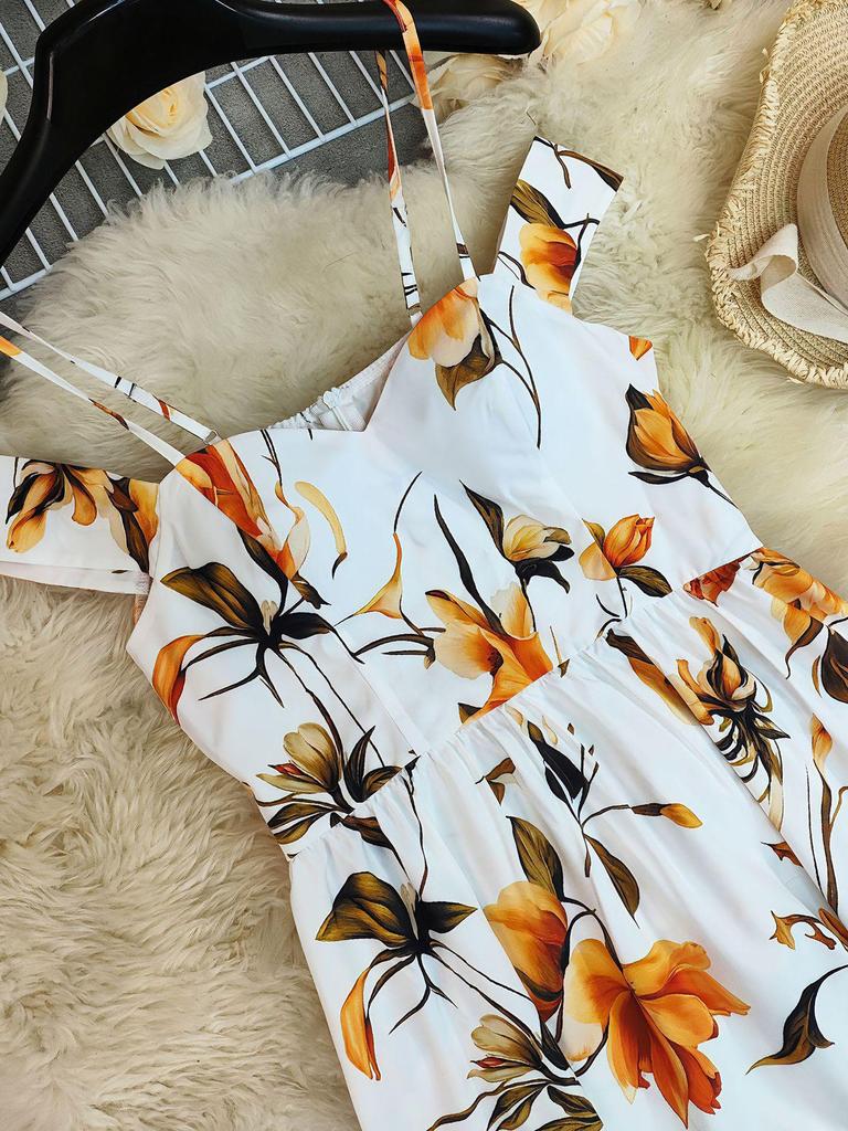 Elegantes florales lässiges langes Kleid mit V-Ausschnitt für Damen