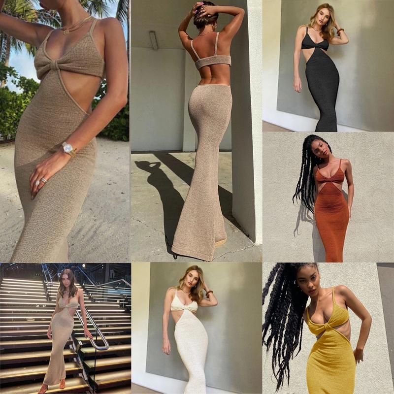 Dresse Spaghetti Maxi Strap Hollow Out Bodycon Dress Backless Cut Out Dress Wrap