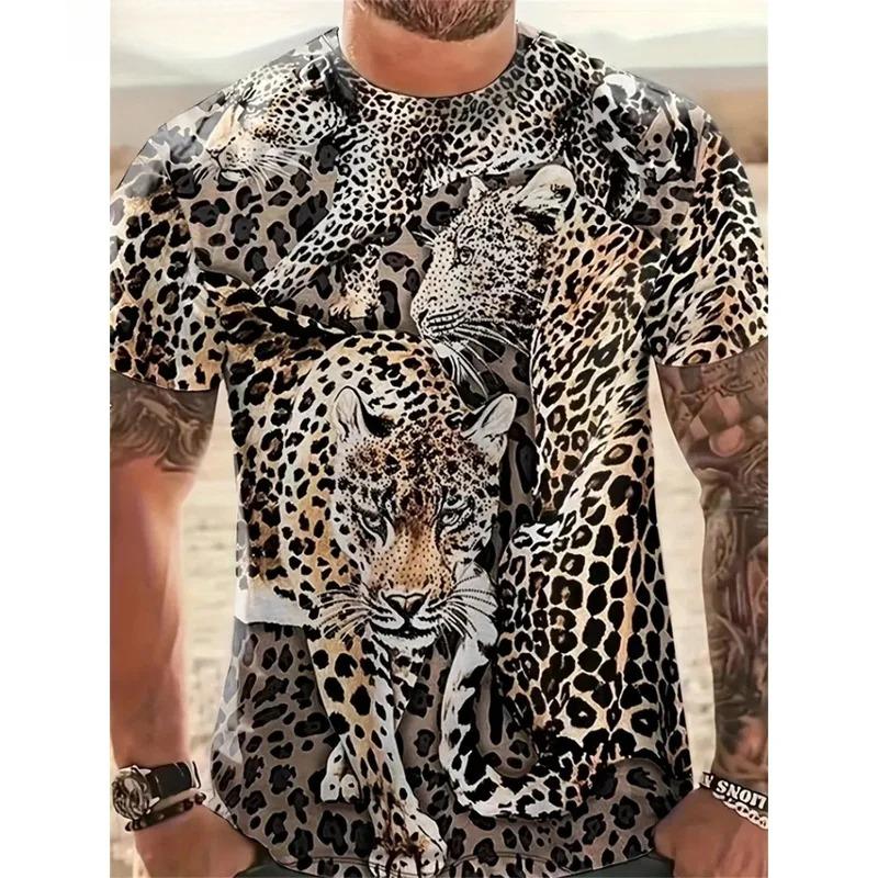 Men's T-shirt Men's fashion leopard print animal print casual short sleeved round neck T-shirt loose top