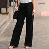 Women Polyester Cotton Pants Autumn Casual Solid Elastic Waist Straight Trousers Loose Long Pants Wide Leg Trousers