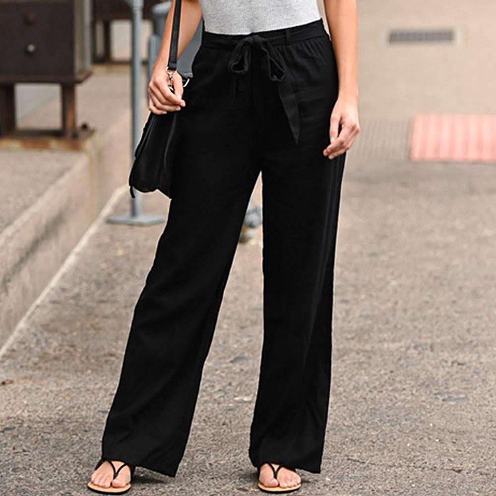 Women Polyester Cotton Pants Autumn Casual Solid Elastic Waist Straight Trousers Loose Long Pants Wide Leg Trousers