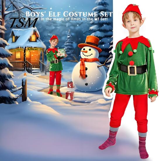Elf Costume with Bells for Kids Christmas Set Boys Girls Festive Outfit Classic Red Boys' Suit Green Hat Stockings Dress-up Attire Parties Cosplay