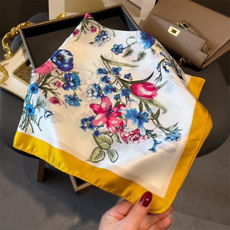 New Version of Plant and Flower 71cm Small Square Scarf Simulated Silk Scarf Headscarf Printed Neck Protection Scarf Professional Scarf Scarf Scarf
