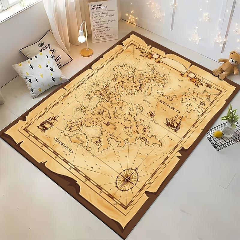 Vintage World Map Print Carpet for Living Room, Antique Style Décor Rug Suitable for use as an anti-slip for living room bedroom sofas