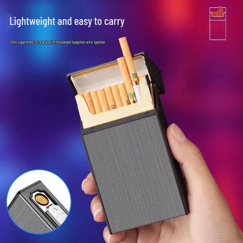 Slim 20-Piece Cigarette Case with Rechargeable Lighter - Moisture-Proof, Pressure-Resistant Flip-Top Design.