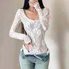 European Autumn Lace Crochet Bodysuit: Women's Long Sleeve Low Neck Mesh Top