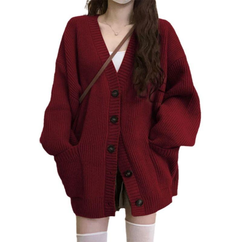 V-neck lazy wind cardigan 2025 new simple sweater women's spring autumn and winter casual loose knitted sweater
