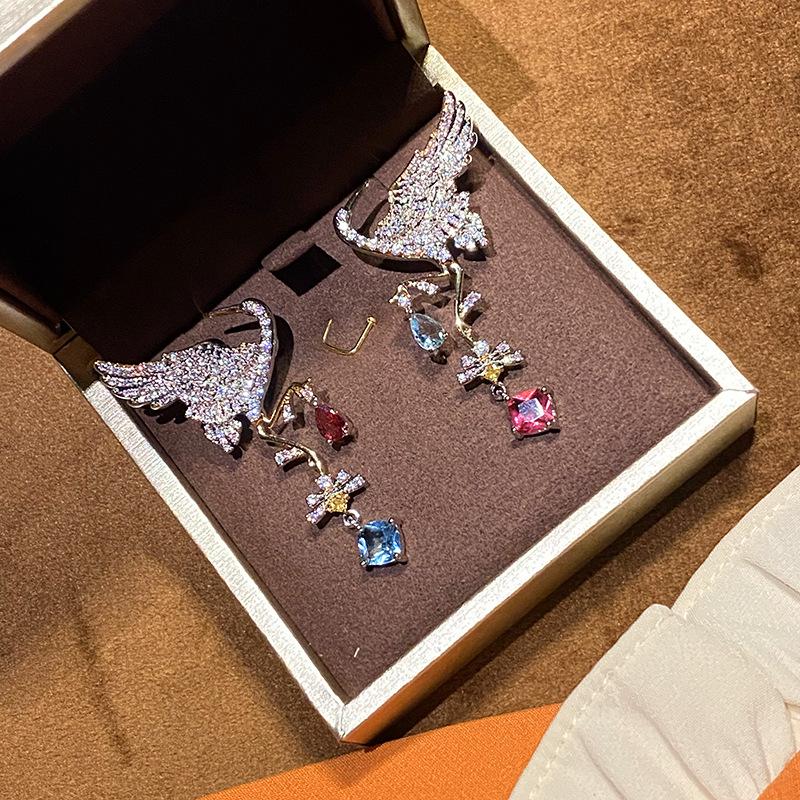 2022 Creative Jewelry Color Zircon Crystal Crane Bird Drop Earrings Ladies Exaggerated Dangler Vintage Banquet Trendy Jewelry
