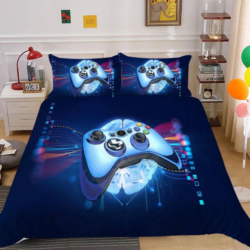 Ensemble de literie motif manette de jeu 3D Housse de couette imprimée console de jeu avec taie d'oreiller Adolescent Simple Double Lit Grand format Décoration de la maison