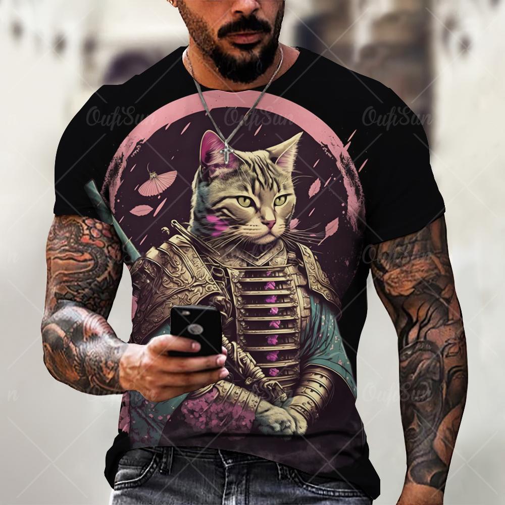 Tricouri pentru bărbați Tricou imprimat cu pisică samurai japonez Tricouri amuzante cu grafică 3D cu animale Topuri casual cu gât rotund și croială largă, cu mânecă scurtă