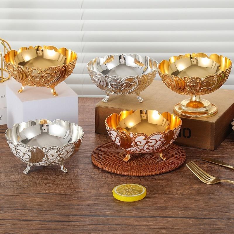 European Style Fruit Plate,Golden Alloy Exquisite Engraving Flowers Candy Tray,Food Bowl Snack Disc,Party Desktop Decoration