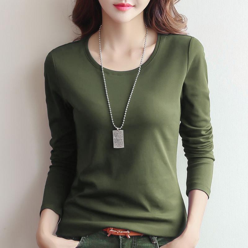 Dames T-shirt met ronde hals, effen kleur en lange mouwen