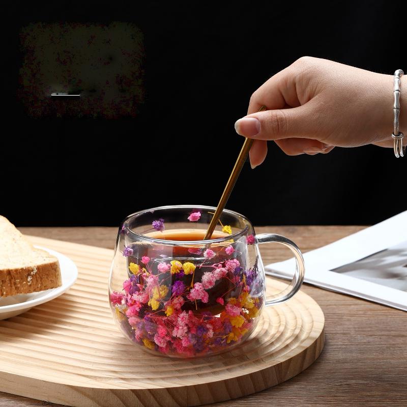 1Pcs Dried Flower Decorative Milk Tea Cup 150/300Ml Double-Layer Dried Flower Glass Cup High Temperature Resistant Coffee Cup