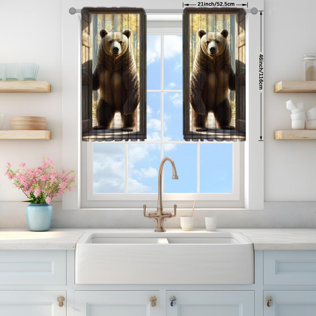 2-Panels Standing Brown Bear Semi Blackout Curtains Half Blackout Suitable for Artistic Home Decorative Curtains
