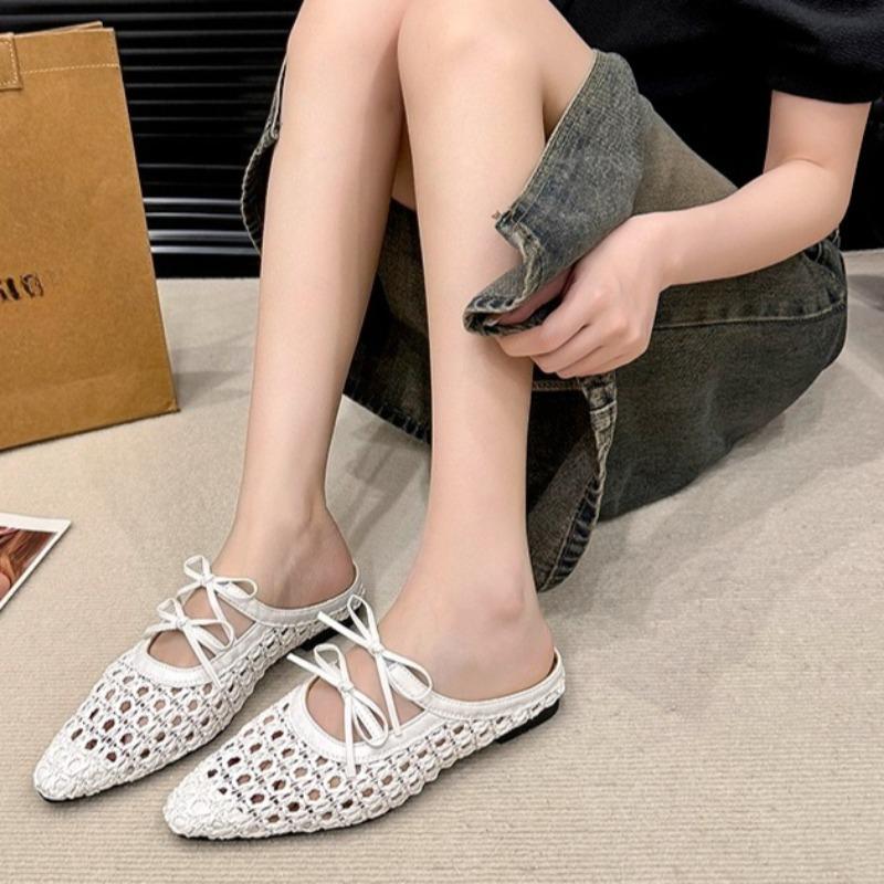 Fashion Baotou Slippers Summer New Pointed Toe Shallow Mouth Front Lace-up Fabric Soft Sole Non-slip Wear-resistant Flat Shoes