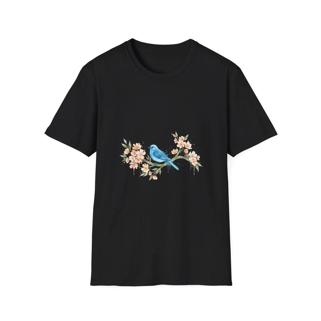 Blue Bird Flower Watercolor Nature Black Tee Aesthetic Graphic T-Shirt