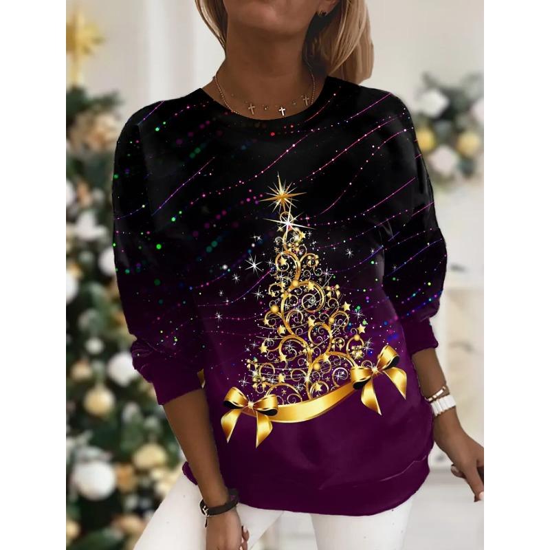 Spring and Autumn Round Neck Christmas Theme 3D Printed Top Fashionable Casual Long Sleeved Women's T-shirts