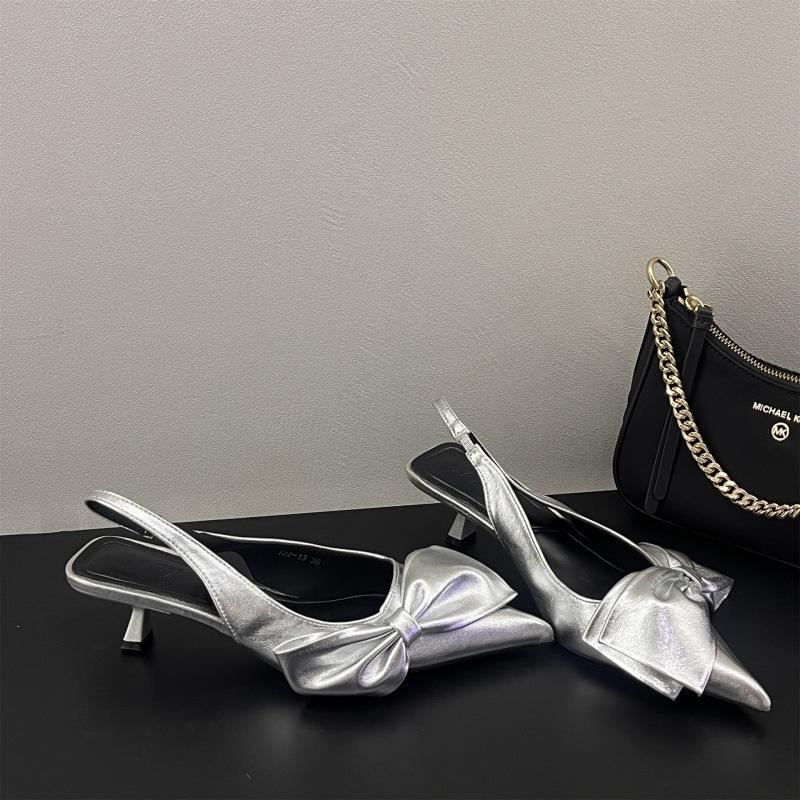 Zomer Dames Mode Sandalen 2024 Nieuwe Sexy Hoge Hak Enkel Slingbacks Gespsluiting Puntige Neus Vlinderknoop Decoratie Pumps