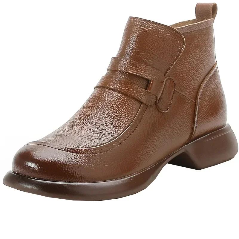 Fashion Women Shoes Round Toe Platform Leather Handmade Retro Thick Heel Casual Loafers Ladies Autumn Winter Soft Sole Plush Warm Boots