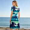 Women’s Short Sleeve V Neck Midi Dress with Tropical Leaf Print Lightweight Fabric Casual Loose Fit for Summer