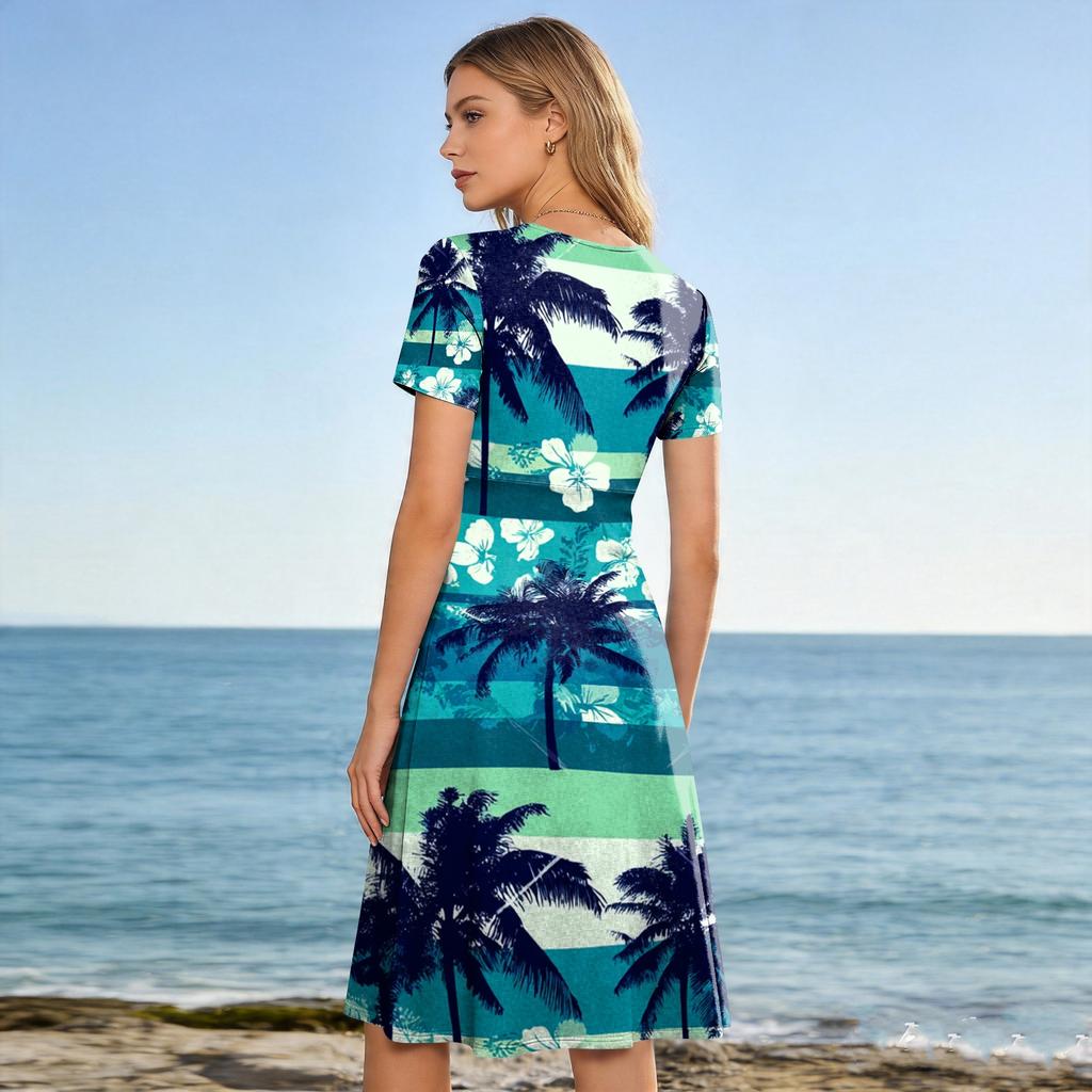 Women’s Short Sleeve V Neck Midi Dress with Tropical Leaf Print Lightweight Fabric Casual Loose Fit for Summer