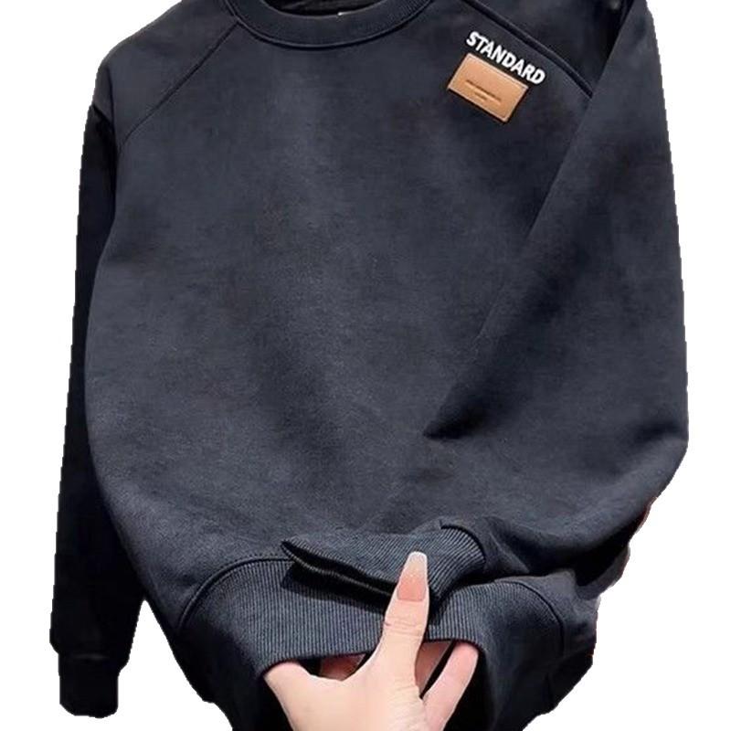 Korean Style Slim Fit Velvet Long Sleeve Round Neck Heavyweight Sweatshirt for Men - Autumn/Winter
