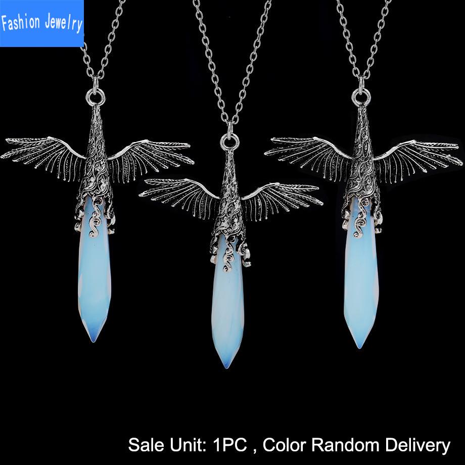 European and American Fashion Angel Wings Natural Crystal Stone Faceted Hexagonal Column Pendant Necklace Necklace