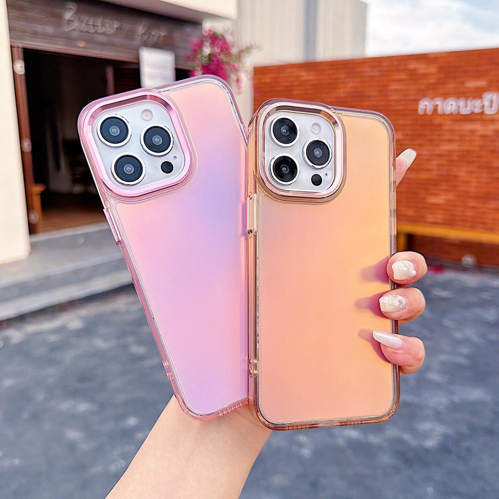 KEYSION Fashion Laser Gradient Colorful Phone Case for iPhone 14 15 Pro Max Soft TPU+PC Shockproof Back Cover for iPhone 14 15 Plus