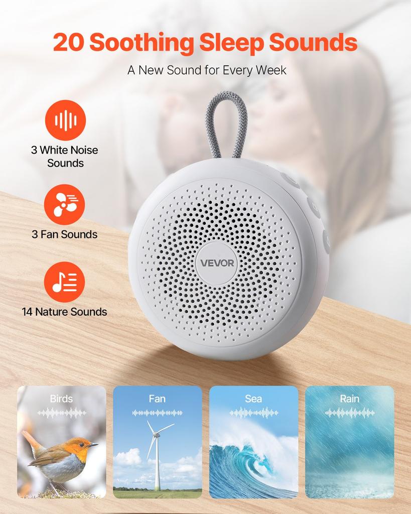 VEVOR Sound Machine, 20 Soothing Sleep Sounds, 4-in-1 Hangable White Noise Sound Machine with Auto-Off Timer, Soft Ring Light