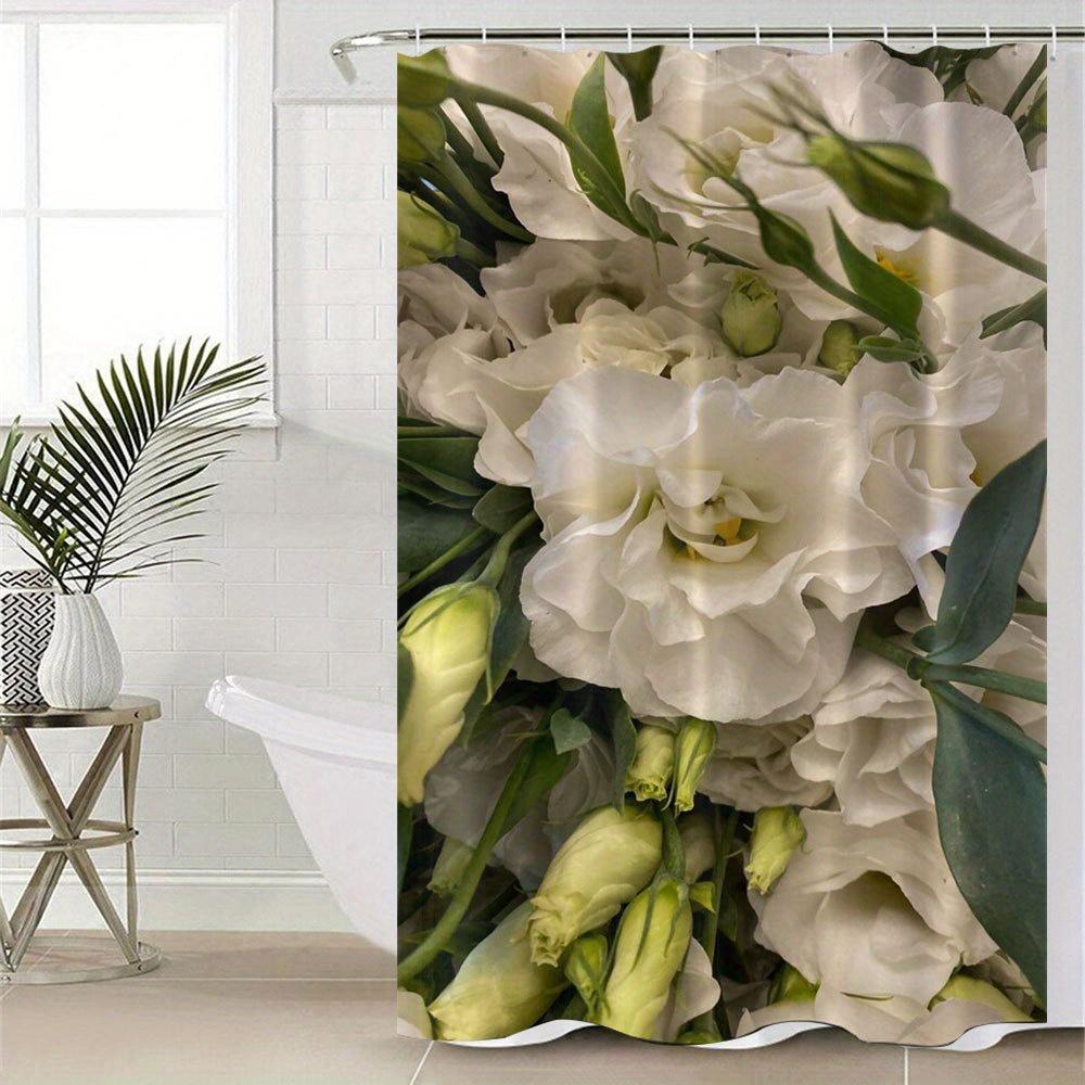 1pc Floral Shower Curtain - White Blossom Digital Print, Water-Resistant Polyester, Hand Wash Only, Includes Hooks