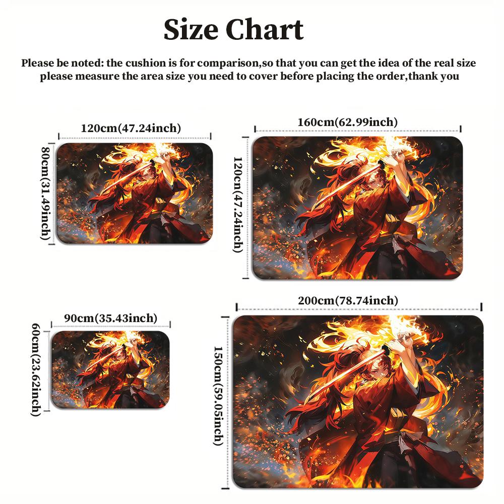 Anime Swordsman Area Rug,Fire Flame Theme Non-slip Floor Mat,Decorative Carpet for Gaming Room Bedroom, Washable Home Decor Gift