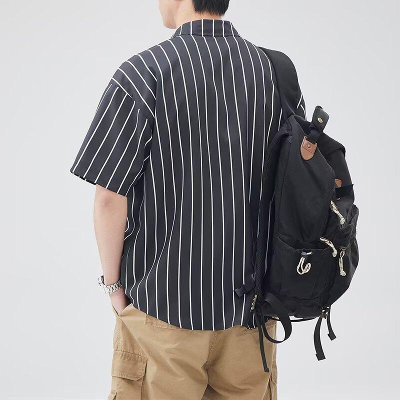 Spring Summer Men's Striped Top Cool Breathable Business Commuter Turn-down Collar Short Sleeve Shirt