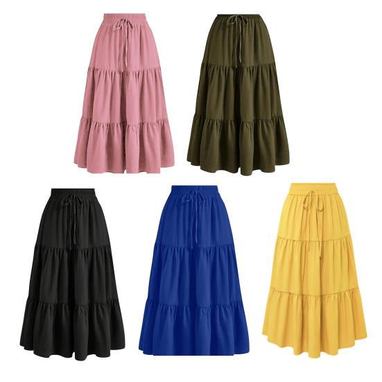 Women's Summer Tiered A-Line Maxi Skirt High Waisted Pleated Swing Long Skirt Casual Flowy Beach Boho Skirt