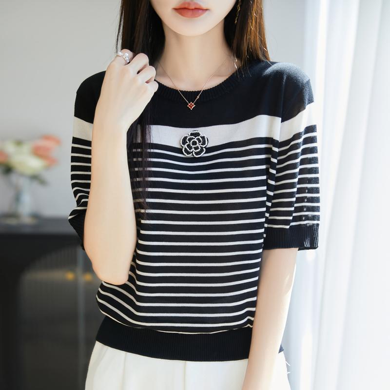 Women Knit T-shirt MODERN NEW SAGA Summer Knitted Shirt Short Sleeve Tees O-neck Patchwork Pullover Knit Tops