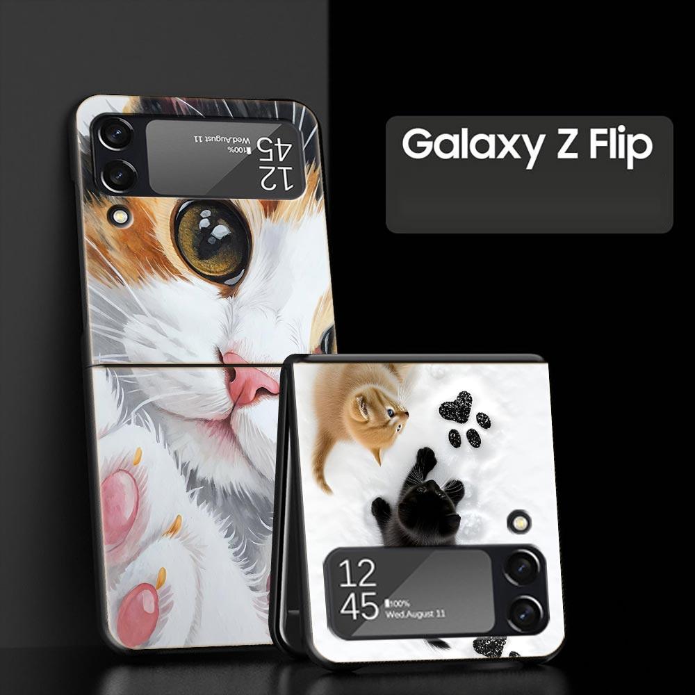 Cute Cat Hard PC Phone Case For Samsung Galaxy Z Flip 7 6 5 4 Black Cover For Galaxy Z Flip 3 Foldable Fundas Shell Capas Bags