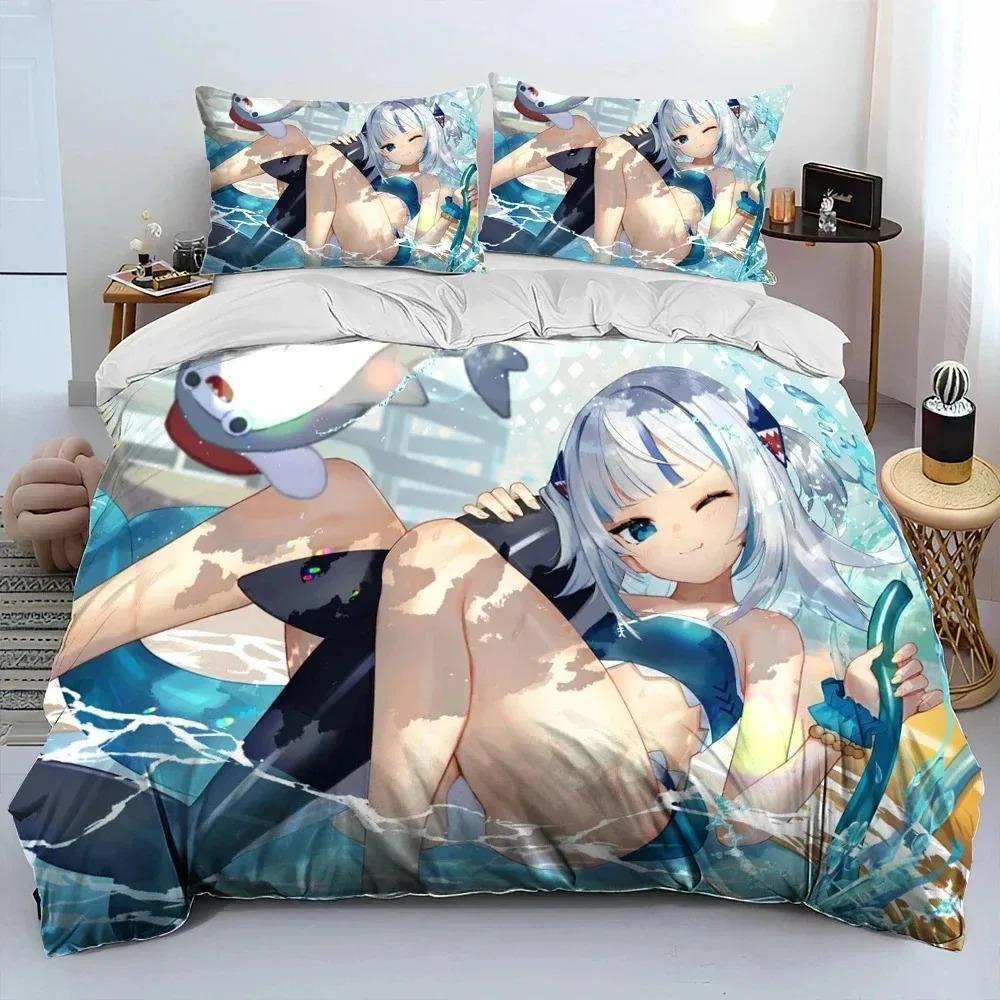 Cute Gawr Gura Hololive Anime Shark Bedding Set Duvet Cover Bed Set Quilt Cover Pillowcase Comforter king Queen Size Boys Adult