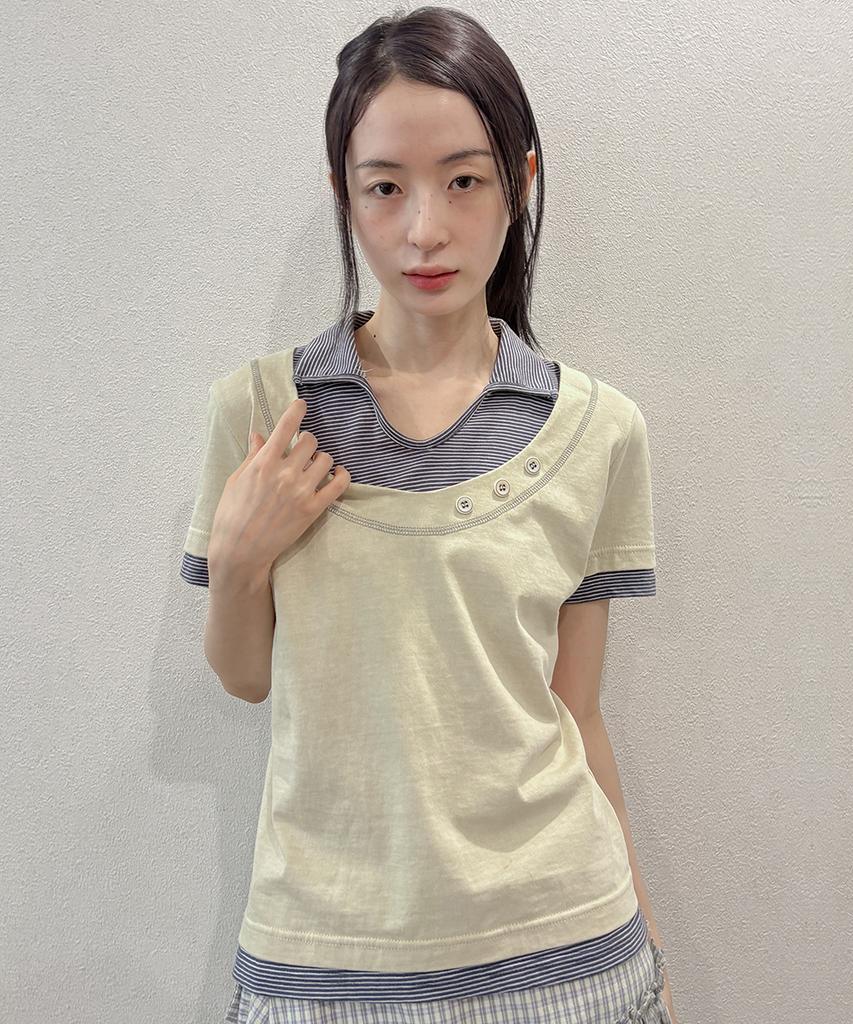 OAFISH Stripe Layered Collar T-Shirts, Yellow