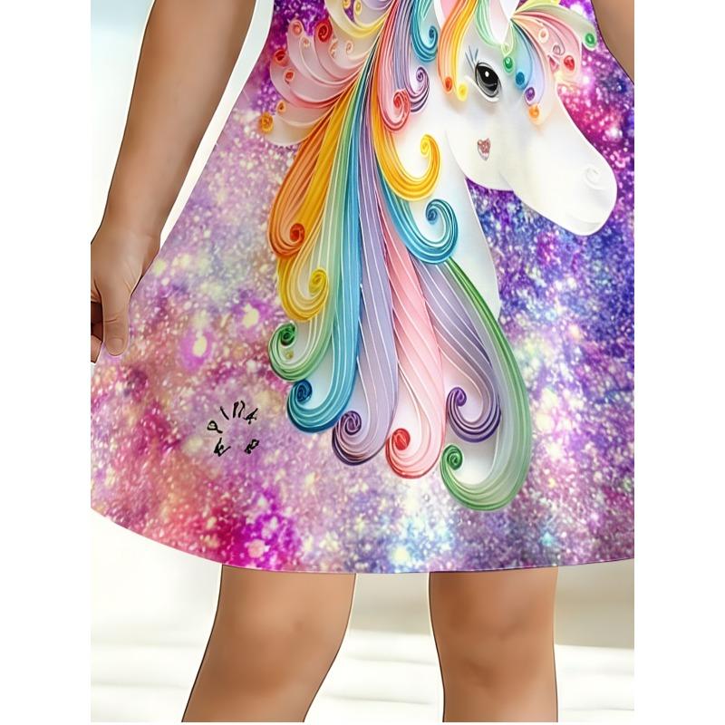 Girls Rainbow Unicorn Printed Shiny T-shirt Dress Purple Galaxy Casual Dress Suitable for Children's Parties Birthdays and Gifts