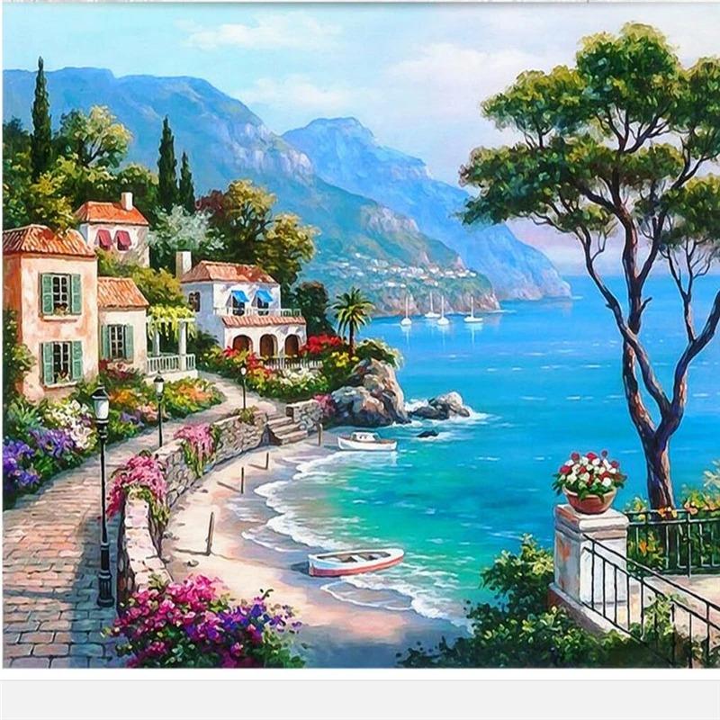 Wallpaper 3d Large Photo Mural Mediterranean Sea Garden Landscape Oil Painting Tv Background Wallpaper Mural