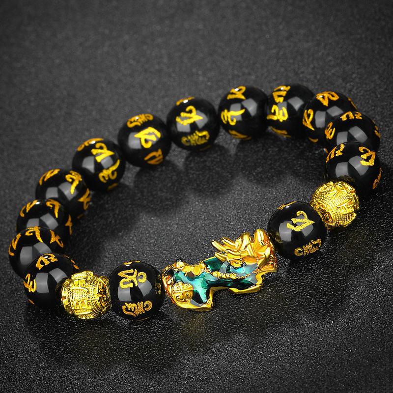 Vietnamese Sand Gold 3D Temperature-Sensitive Color-Changing Pixiu Bracelet, Obsidian Six-Character Mantra Buddha Bead Bracelet.