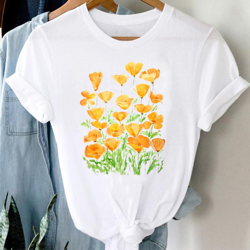 Flower Sunflower Watercolor Cute 90s Women Short Sleeve Summer Fashion Print Tee Top Tshirt Lady Female Clothing Casual Graphic T-shirt